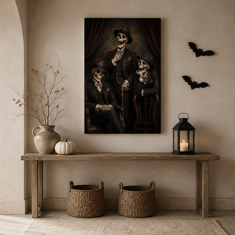 «Three Skeleton Gentlemen in Formal Suits and Halloween», art mural sur toile, H 18 po x l 12 po