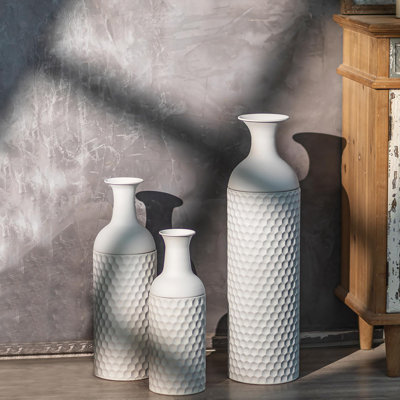 Set Of 3 White Metal Floor Vases, Tall Cylinder Vases With Detachable Lids For Living Room, Bedroom, Or Office Décor, Rustic Modern Home Accent
