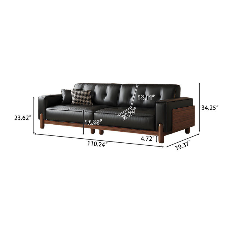 Canapé 110,24 po en cuir véritable noir, H 34,25 po x l 110,24 po x P 39,37 po