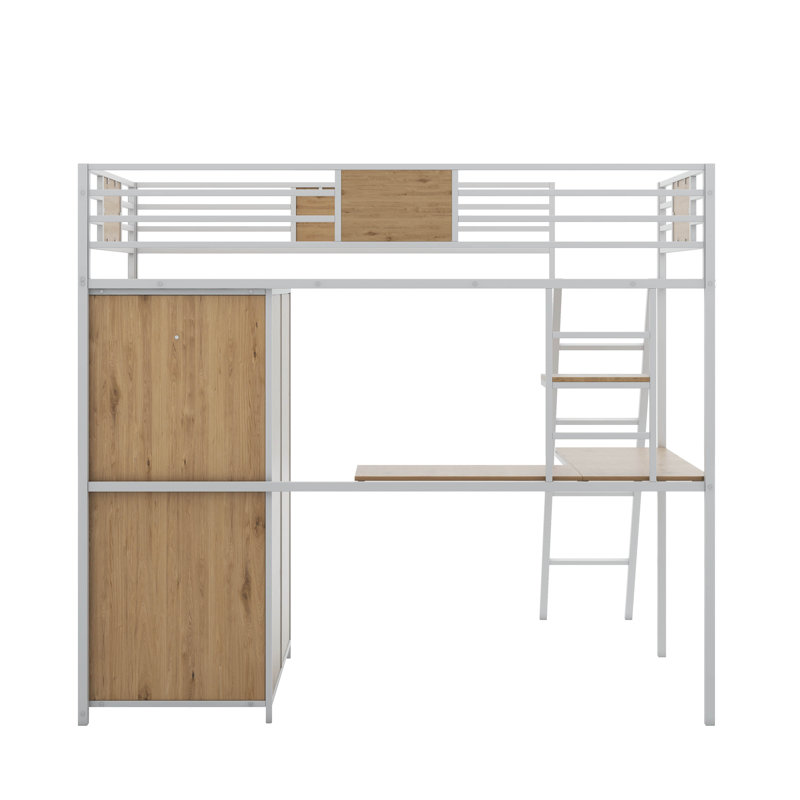 Lit mezzanine simple avec bureau en L et garde-robe, Blanc