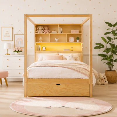 Lit à baldaquin en bois avec tête de lit bibliothèque, prises USB et éclairage DEL RVB intelligent, lit plateforme avec rangement sous le lit, tiroir au pied du lit et garde-robe réversible