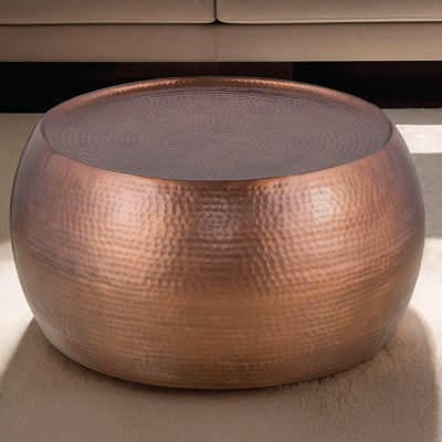 Ct501 32-Inch Round Aluminum Coffee Table With Antique Copper Finish, Blending Modern And Rustic Styles Round, Table, Glossy Hand-Hammered Design, Copper, No Assembly Needed