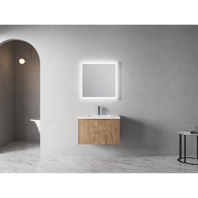 Meuble-lavabo 30 po x 18-00630 avec lavabo en résine - tablette ouverte, portes à fermeture en douceur, garniture moderne et spacieuse en contreplaqué de 30 po, style moderne, rangement, imitation chêne