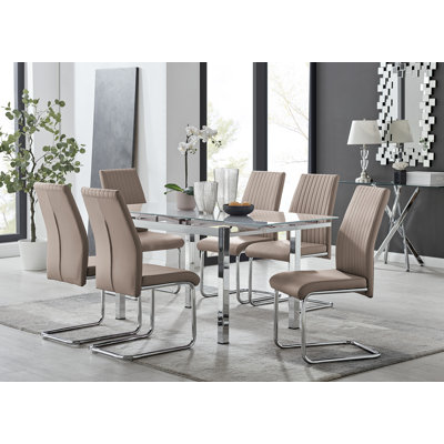 Tierra Modern Glass & Metal Extendable Dining Table Set & 6 Luxury Faux Leather Dining Chairs