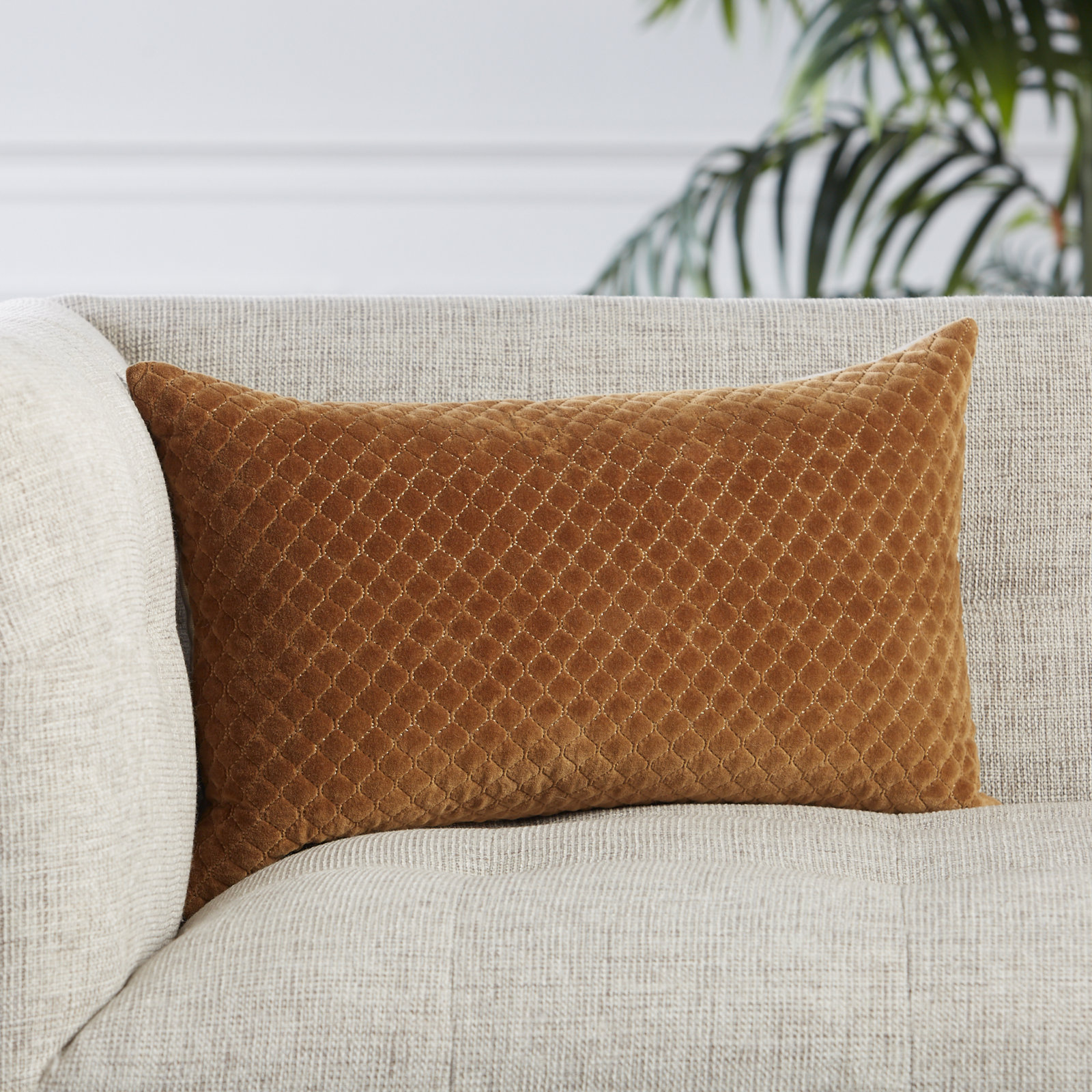 Ryans Embroidered Cotton Lumbar Throw Pillow, Down, Blush, Rectangle 13" H x 21" W