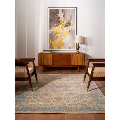 Tapis en laine écologique tissés à la main - 183 x 274 cm, rectangulaire, beige et bleu, motif oriental, épais et à poils longs, antidérapant, idéal pour le salon et la chambre.