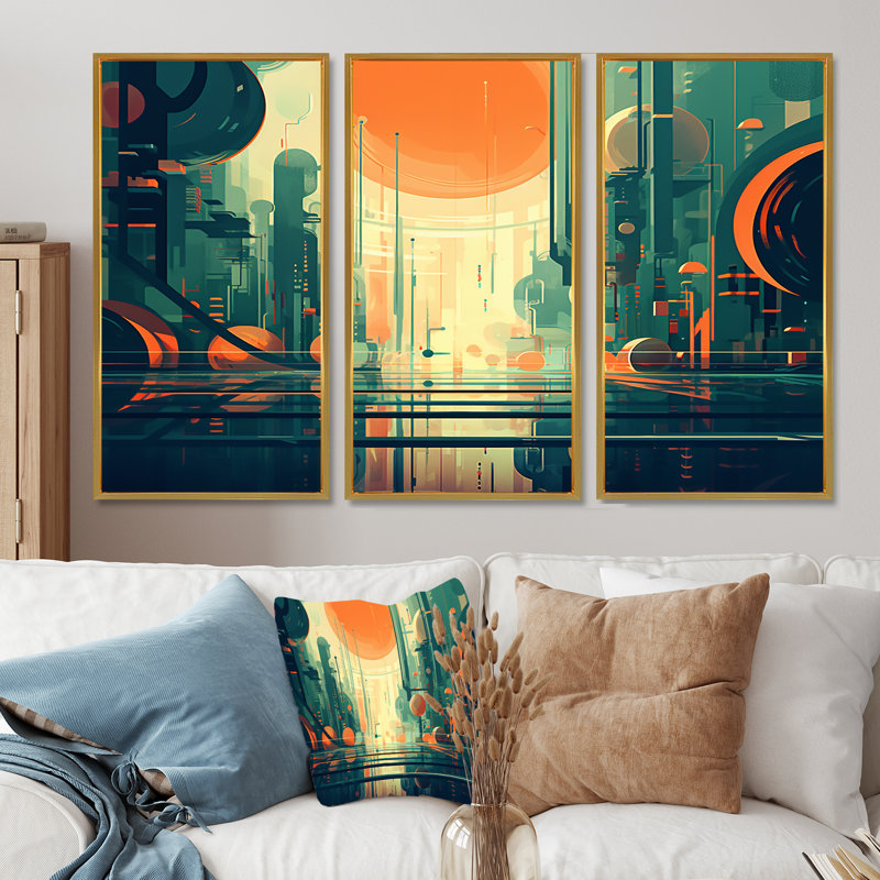 Ensemble d'art mural rétro moderne pleine lune III - Mid-Century, Cadre flottant doré, H 28 po x l 36 po x P 1 po