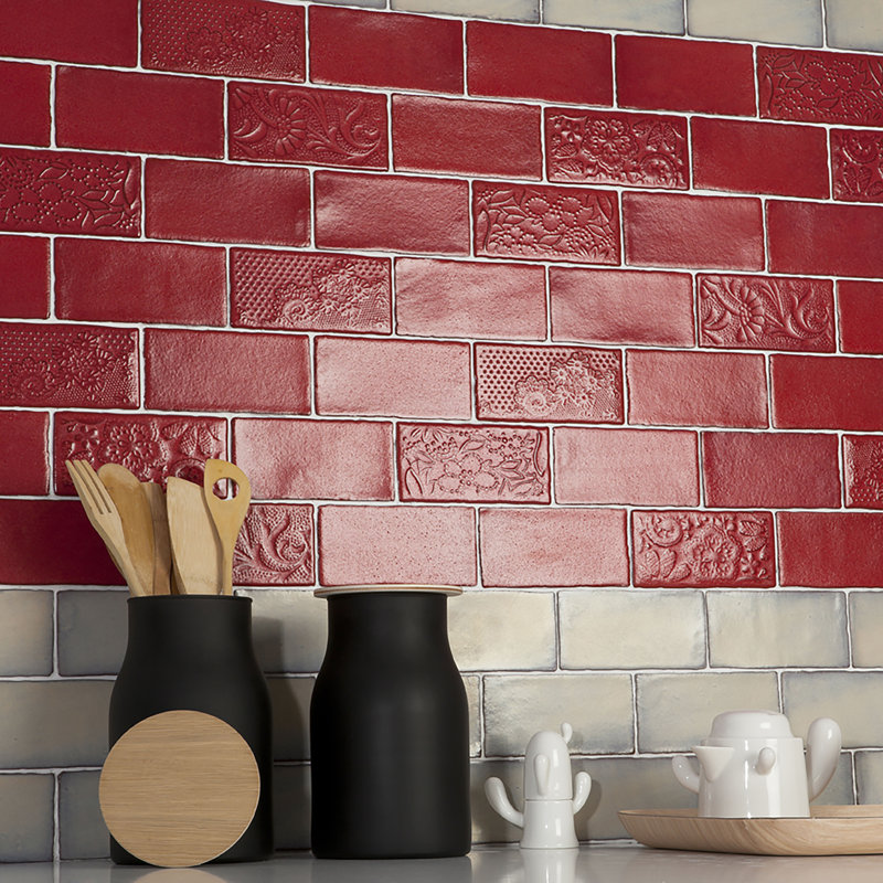 Antic Feelings 3" x 6" Ceramic Patterned Subway Tile, Feelings Red Moon