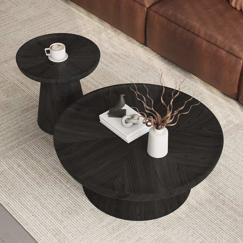 Nesting Round Coffee Table, Wood Cocktail Tables with Ash Side Table(Set of 2), Black