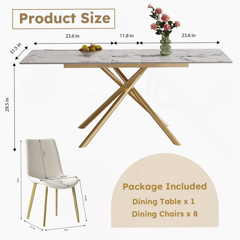 Table de salle à manger extensible avec rallonge et 8 chaises pour petits appartements, cuisine, 9 pièces : table, 8 chaises