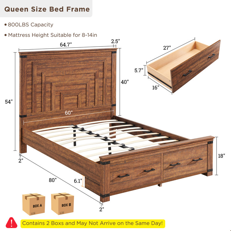 Dantwan Farmhouse Platform Bed Frame With 54"W Tall Geometric Headboard & Large Storage Space, Queen