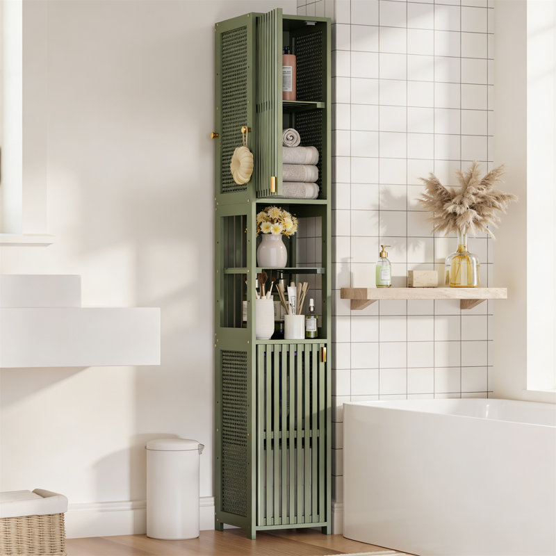 Forest Green 70" Tall Slim Bamboo Storage Cabinet With Rattan Door