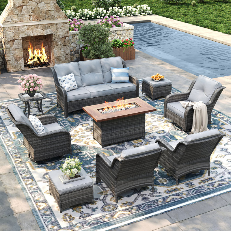 Ensemble de conversation d'extérieur en rotin 9 pièces avec canapé 3 places, fauteuils avec accoudoirs et repose-pieds, Gris