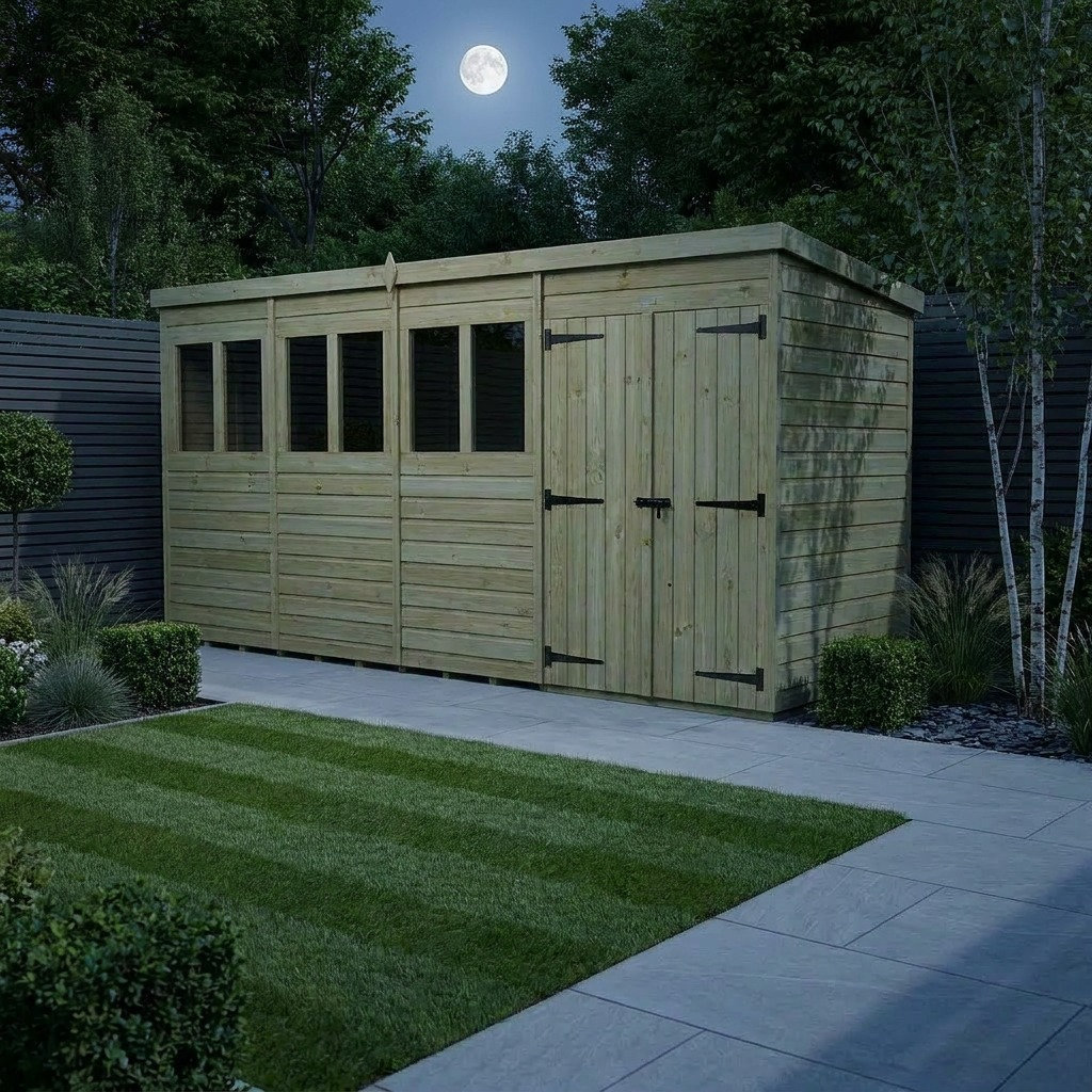 Total Sheds 15ft x 6ft Pent Garden Shed - Double Door - With Windows - Pressure Treated Timber - UK Manufactured