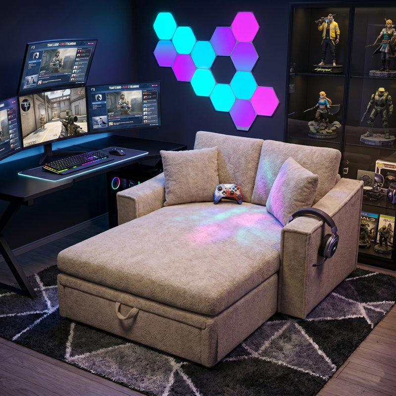 Canapé-lit de 53,5 po en velours avec rangement caché et coussins décoratifs, Browm