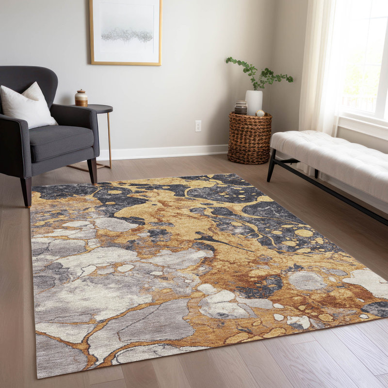Machine Washable Indoor/Outdoor Xhevrie Gold Rug, Rectangle 5' x 7'6"