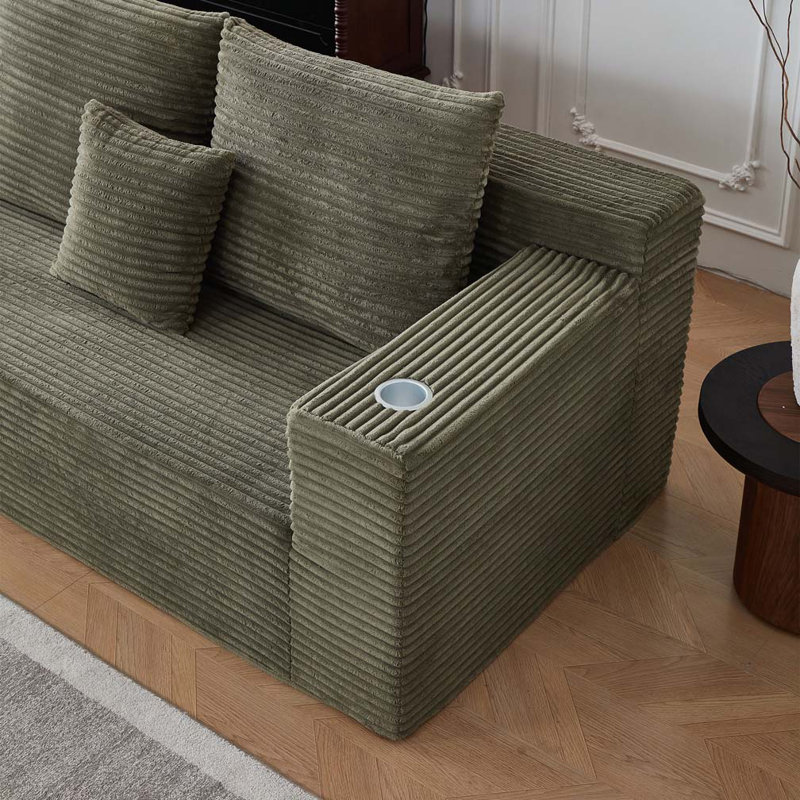 Canapé modulaire profond en velours côtelé avec porte-gobelets, aucun assemblage requis, Vert