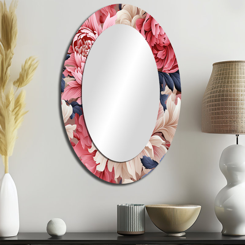 Farmhouse Rose and White Floral Gardens - Grand miroir mural ovale sur métal, H 36 po x l 24 po