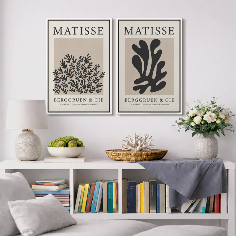 Classical Artwork "Henri Matisse, art botanique noir moderne, images murales neutres modernes, impression sur toile encadrée, ensemble de 2 pièces d'art mural" 16 x 24 x 2, 24 x 36 x 2