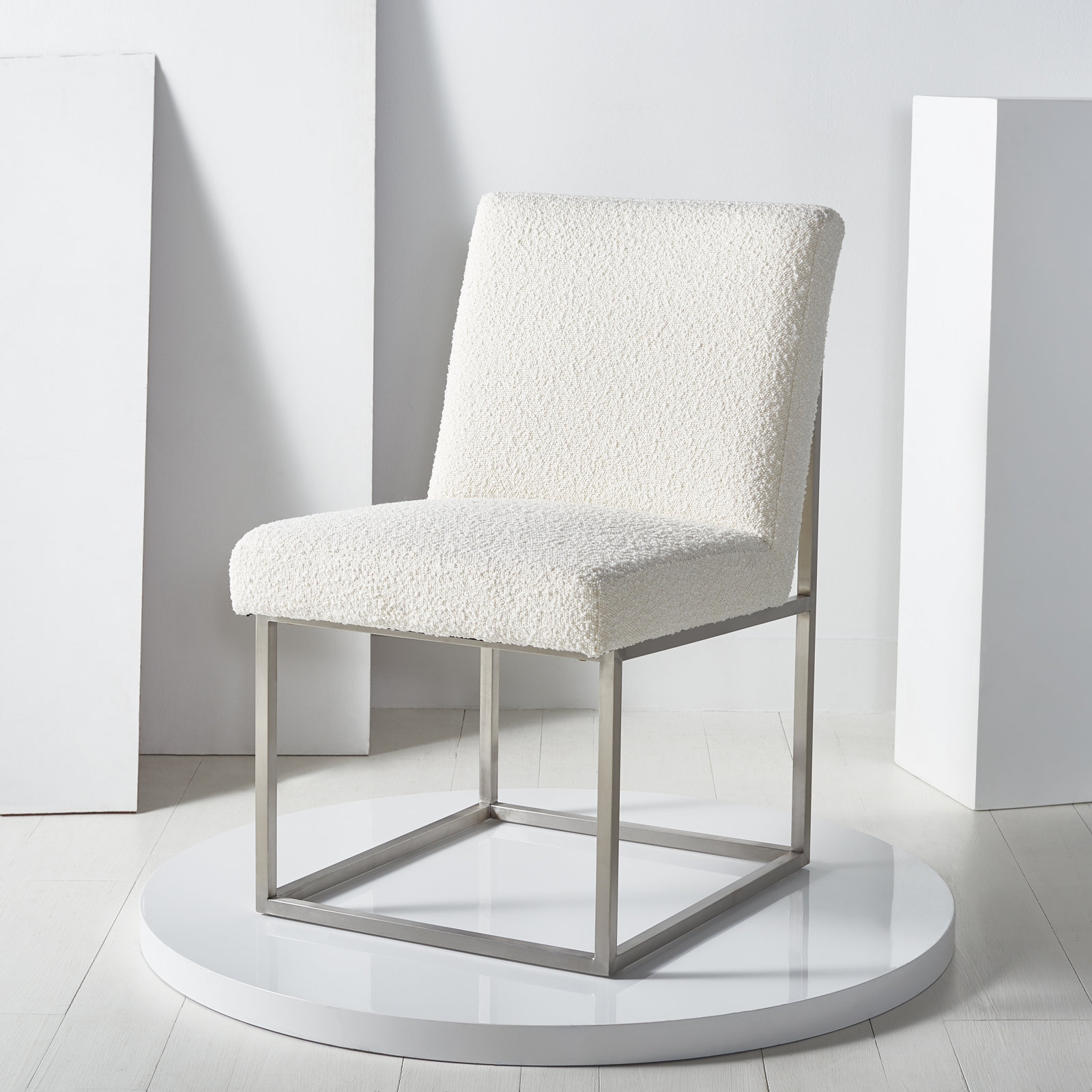 Athens Upholstered Stainless Steel Side Chair, Silver, Ivory Boucle