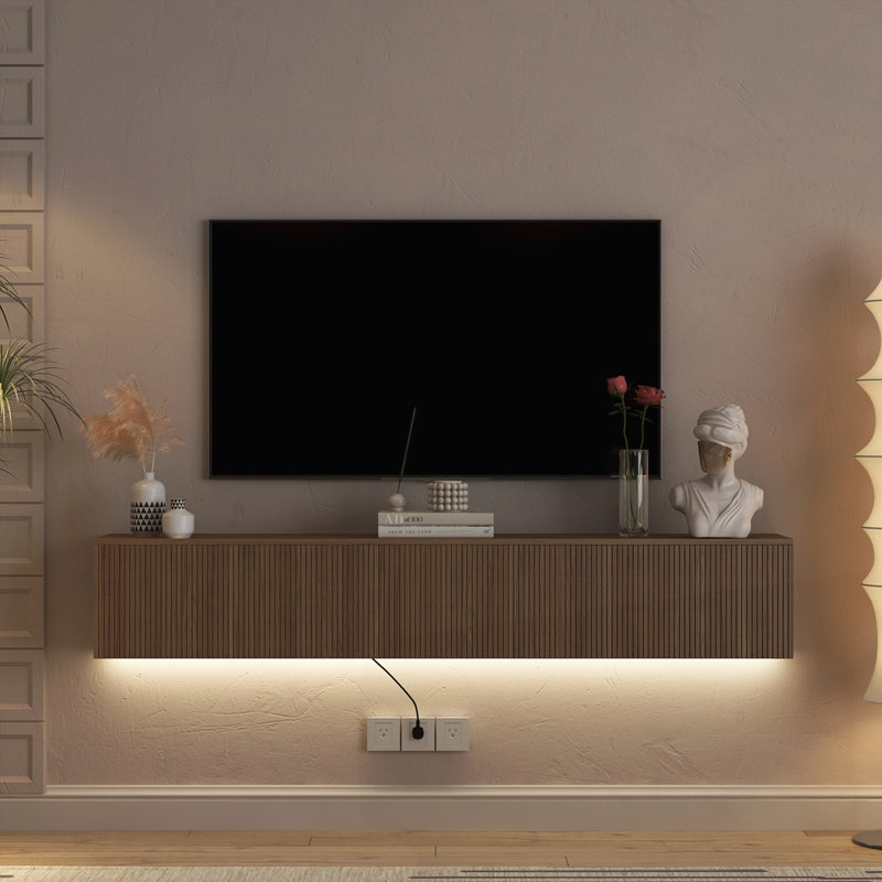 Meuble télé flottant fixé au mur avec 16 DEL de couleur, Bois, H 11,8 po x L 66,9 po x l 11,8 po