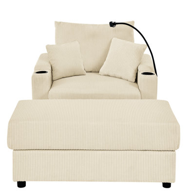 Chaise moderne avec rangement et porte-gobelet - Canapé en velours côtelé beige pour le support de téléphone de salon, siège de 22,5 po de largeur, base solide et supports