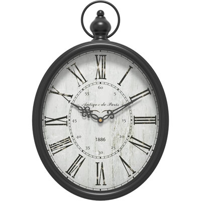 Grande horloge murale ovale rétro, style rustique vintage, noir antique