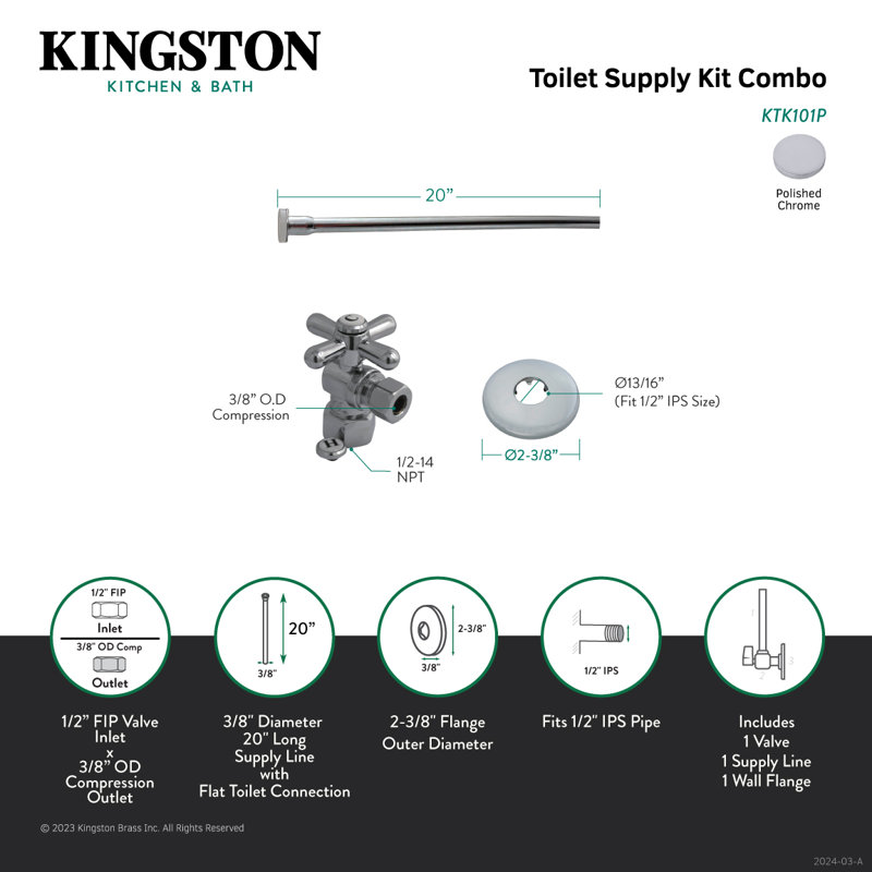 Kingston Brass Trimscape Toilet Supply Kit, 1/2-Inch IPS Inlet x 3/8-Inch Comp Outlet, Chrome