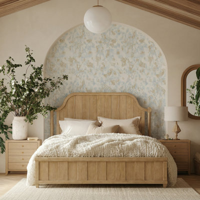 Planked Panel Bed with Arched Headboard and Hickory Veneer