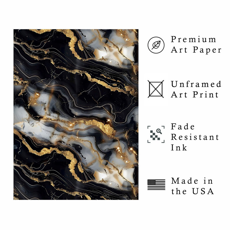 Abstrait noir et doré Geode IV, reproduction d'art moderne sans cadre, H 36 po x l 24 po