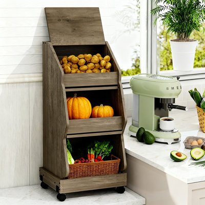 Movable Storage Bin And Bread Box With Lid, Grocery Section Decorative Vegetable Organization Cabinet With Wheels Organizer, (Gray)
