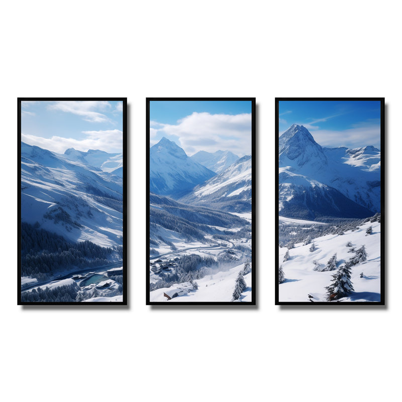 Pine Valley Winter Mountain Landscape VI - Winter Landscape Wall Art, Cadre flottant noir, H 40 po x l 61 po x P 1 po