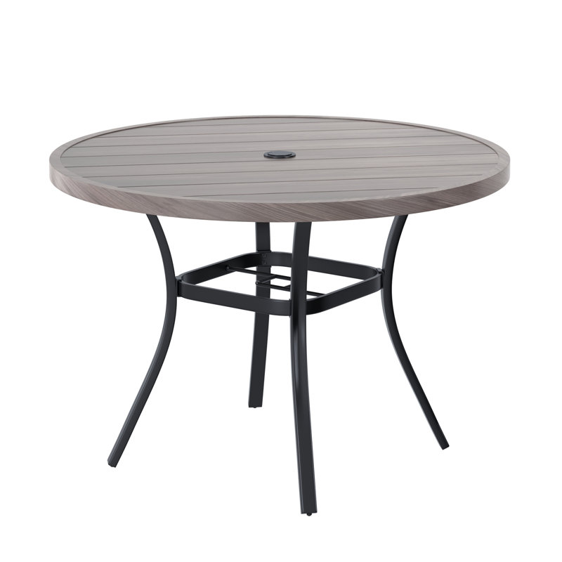 Table de salle à manger ronde en métal avec trou pour parasol, L 41,7 po x L 41,7 po x H 27,9 po, Bois gris / noir