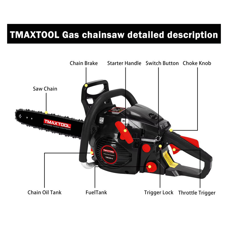 Tronçonneuse à gaz puissante 62cc TMAXTOOL avec barres de 20 pouces + 16 pouces, moteur à 2 temps pour l'élagage, le taillage et les scieries robustes - noir
