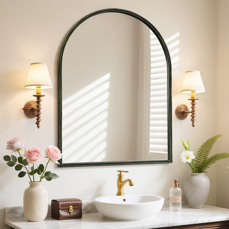 Miroir antique avec cadre en métal - Miroir mural arqué, 36 po x 28 po, Noir