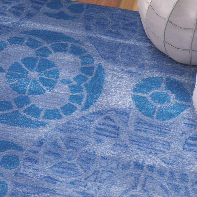 Tapis bleu en laine / viscose touffeté à la main Kouerga, Rectangle 8 pi x 10 pi