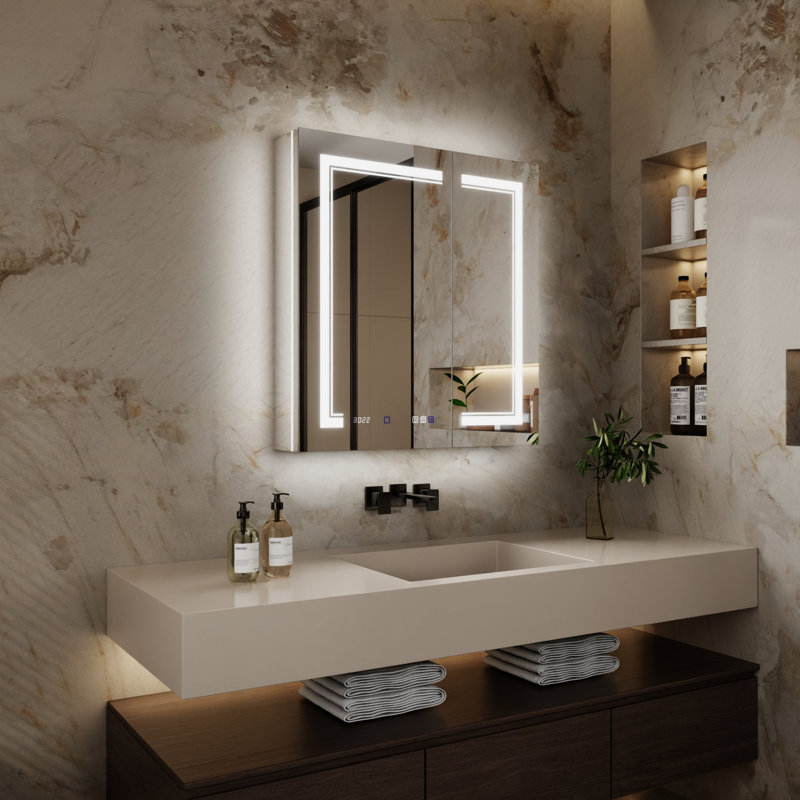 LED Recessed or Surface Frameless Medicine Cabinet with Mirror and USB, Outlet, Magnifying Mirror, Defogger, Adjustable Shelves