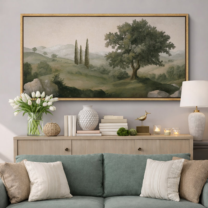 «Tuscan Hills and Cypress Trees», impression sur toile encadrée - décor de paysage méditerranéen, Naturel, H 30 po x l 60 po