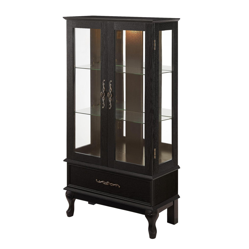 Lighted Curio Cabinet With Glass Doors And Adjustable Shelves 2 Door Wine Cabinet Display Curio Cabinet With LED Lights Light Black Finish And Drawer For Home Decor And Storage