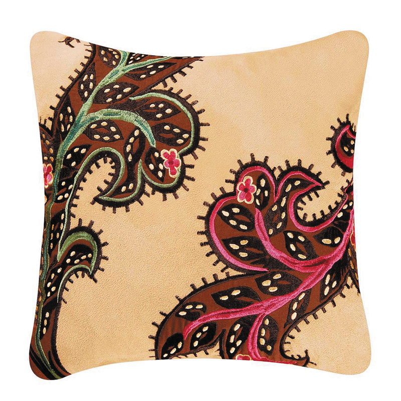 14" Beige and Brown Embroidered Square Throw Pillow