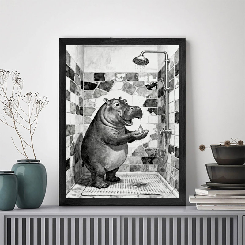 Art encadré noir, l'hippopotame prenant un bain, impressions encadrées de style rétro, H 11 po x l 9 po
