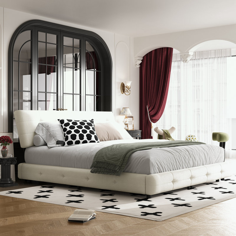 Très grande base de lit en chenille avec tête de lit capitonnée, Beige, Très grand