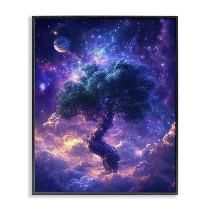 Arbre de vie à travers les nuages, estampe numérique, conception de Wumples, H 14 po x l 11 po, Giclée encadrée noir minuit