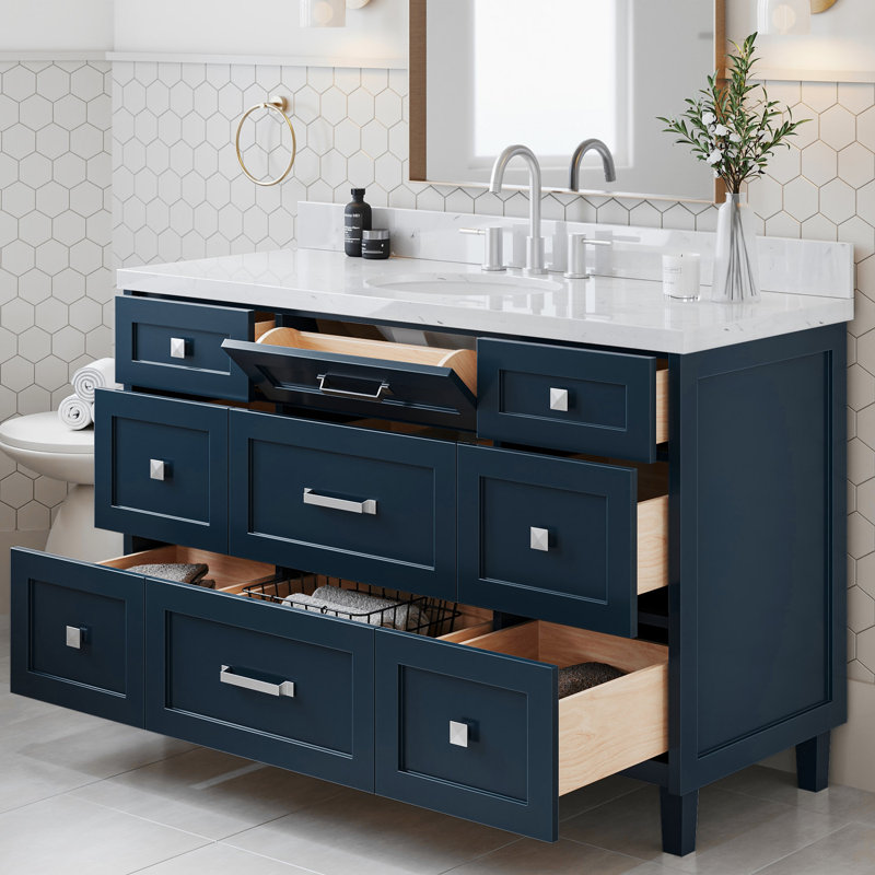 ARIEL Monroe 54 Single Sink Bathroom Vanity with Carrara Quartz Top, Midnight Blue, 54" - 55", Carrara White Quartz