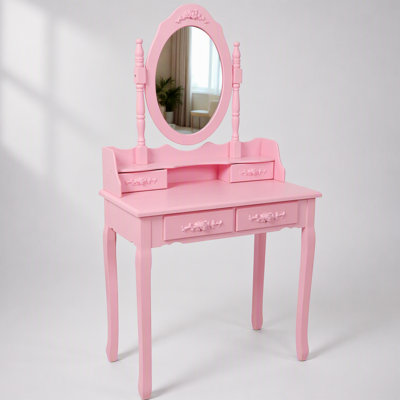 Ensemble de coiffeuse princesse rose avec miroir pivotant à 360°, table de maquillage en bois à 4 tiroirs pour chambres de filles