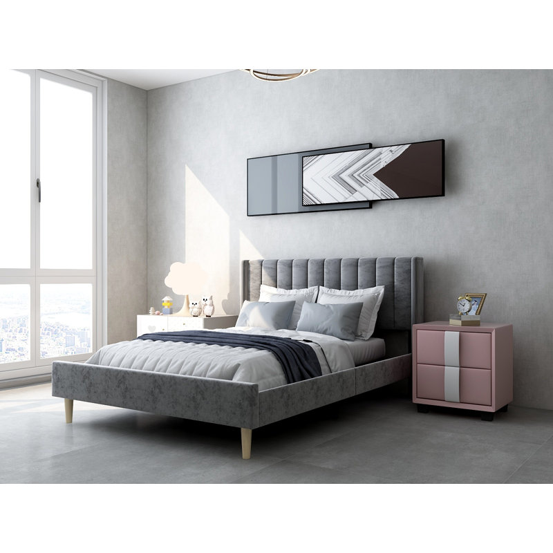 Lit plateforme tapissier avec tête de lit à oreilles Eriksay, Velours gris foncé, Double