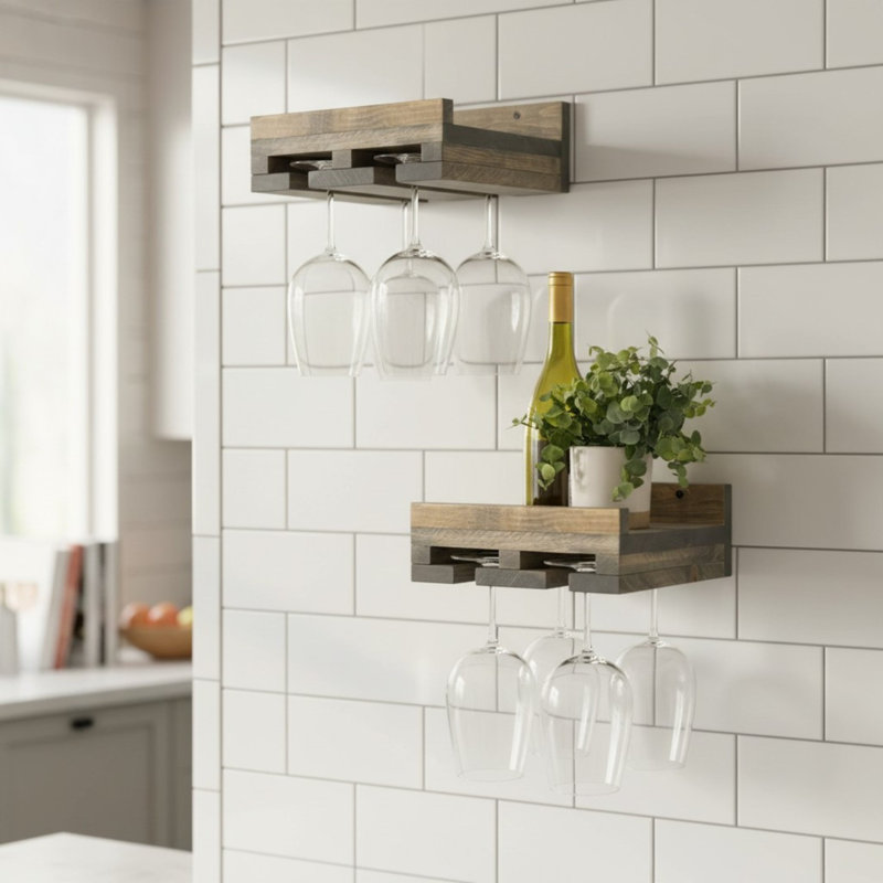 Barnsdall Solid Wood Wall Mounted Wine Glass Rack, 4.25" H x 10" W x 10" D, Gray