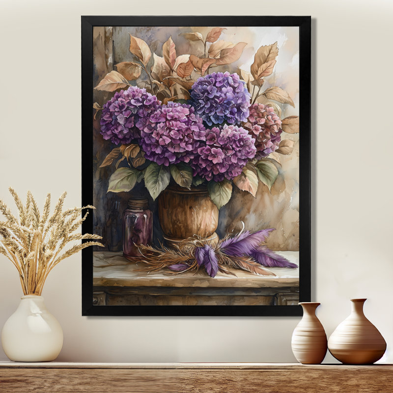 Hortensias avec plumes - Art mural floral, Noir, H 20 po x l 12 po, Reproduction encadrée d'une seule photo