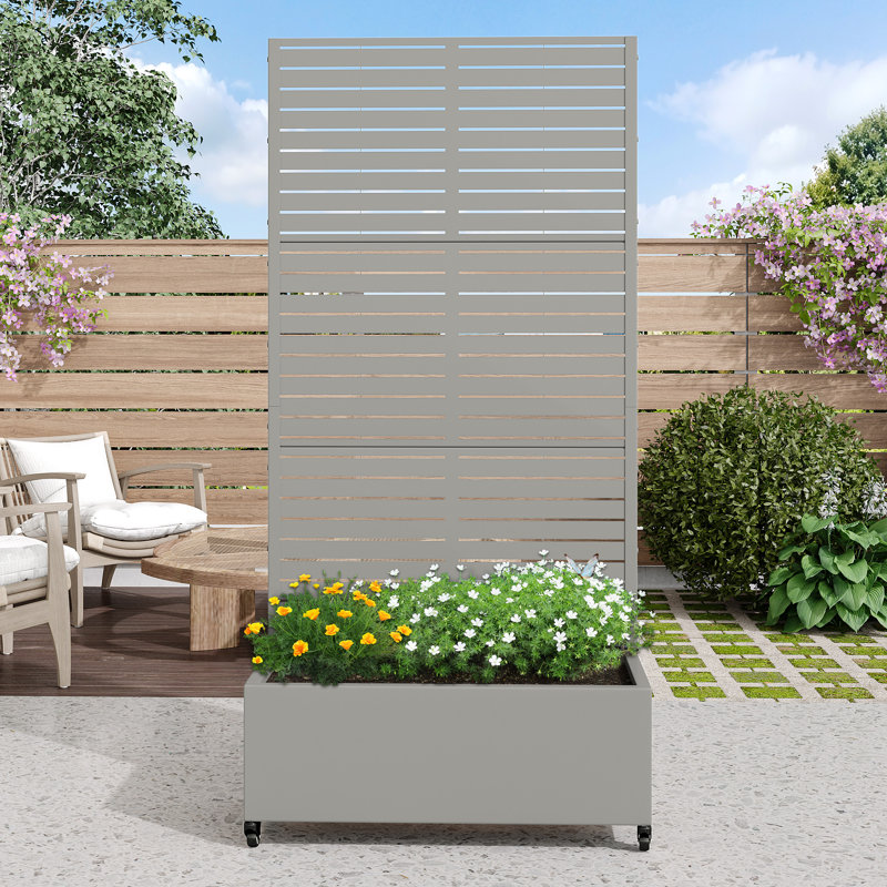 Outdoor Metal Rectangular Individual Planter Box with Trellis for Climbing Plants, Gray, 72" H x 35" W x 16" D