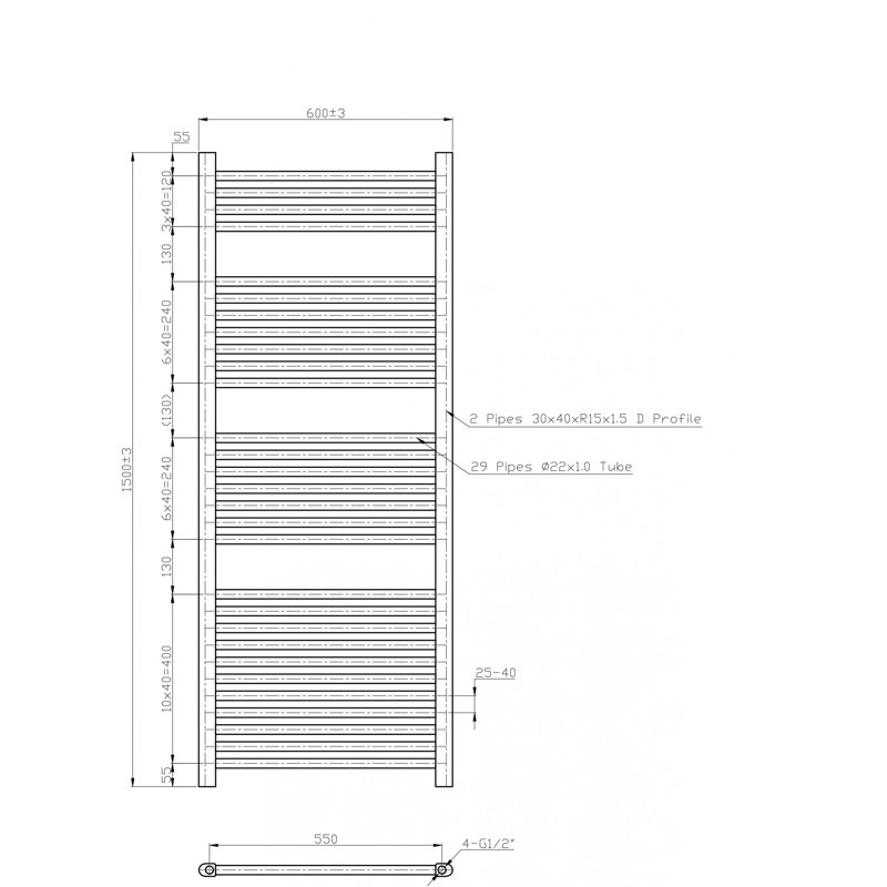 Straight Towel Rail Heated Towel Rails, Silver, 150 cm H x 60 cm W x 3 cm D